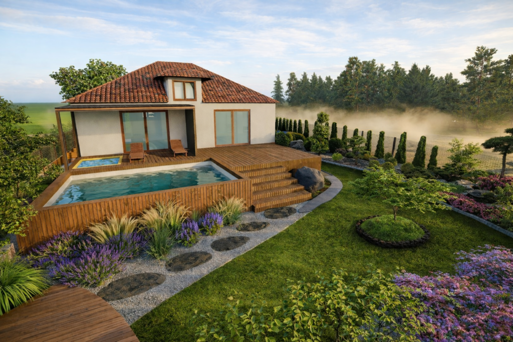 Jardín con piscina y niebla matutina